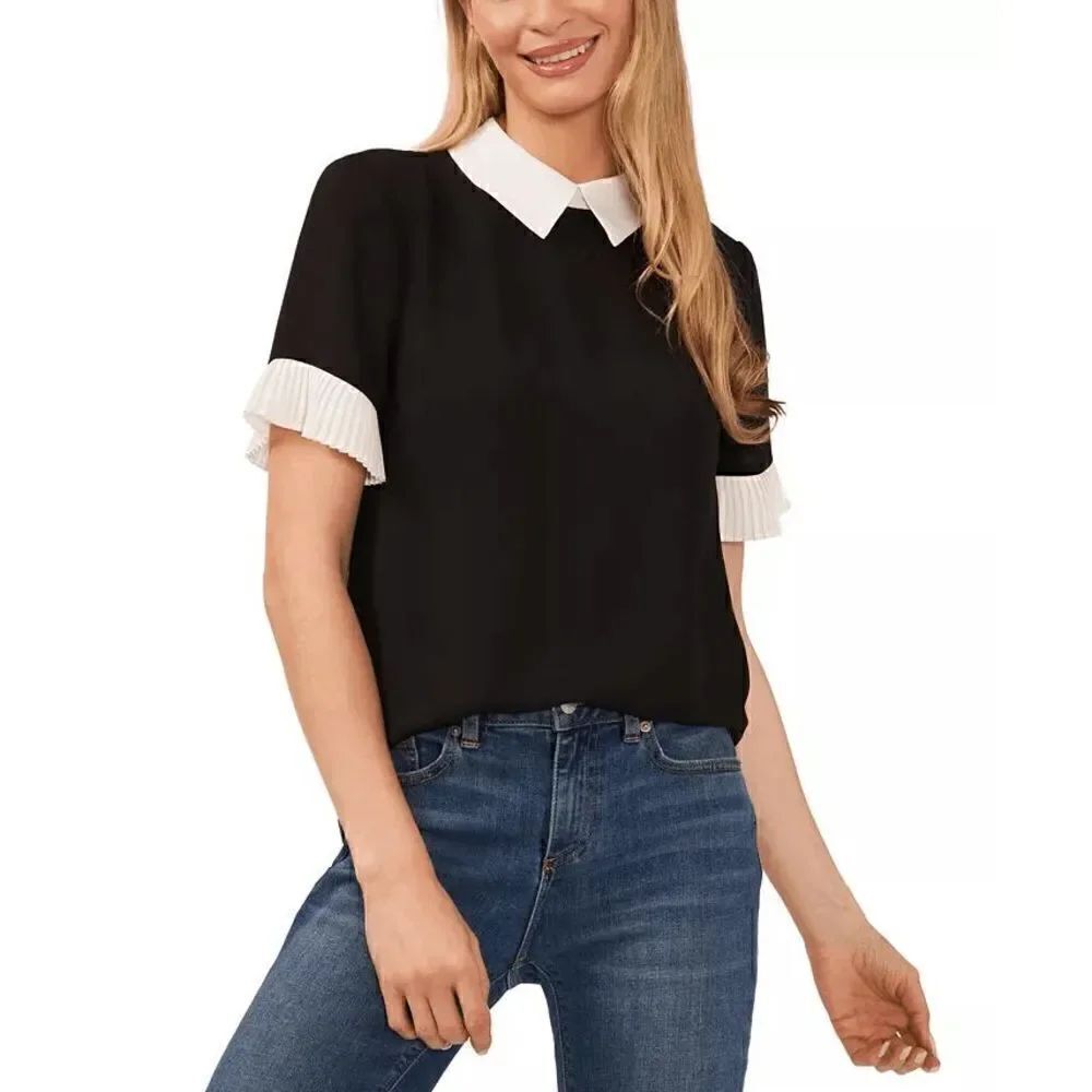 CECE Women's Short Sleeve Color Blocked Collared Blouse Black and White